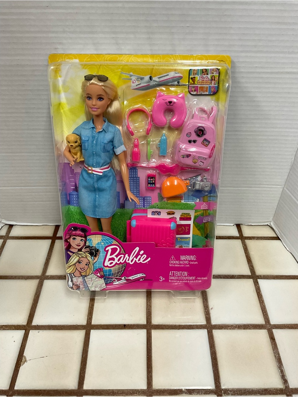 Barbie Blonde Doll with Pink Travel Accessories and Blue Denim Dress